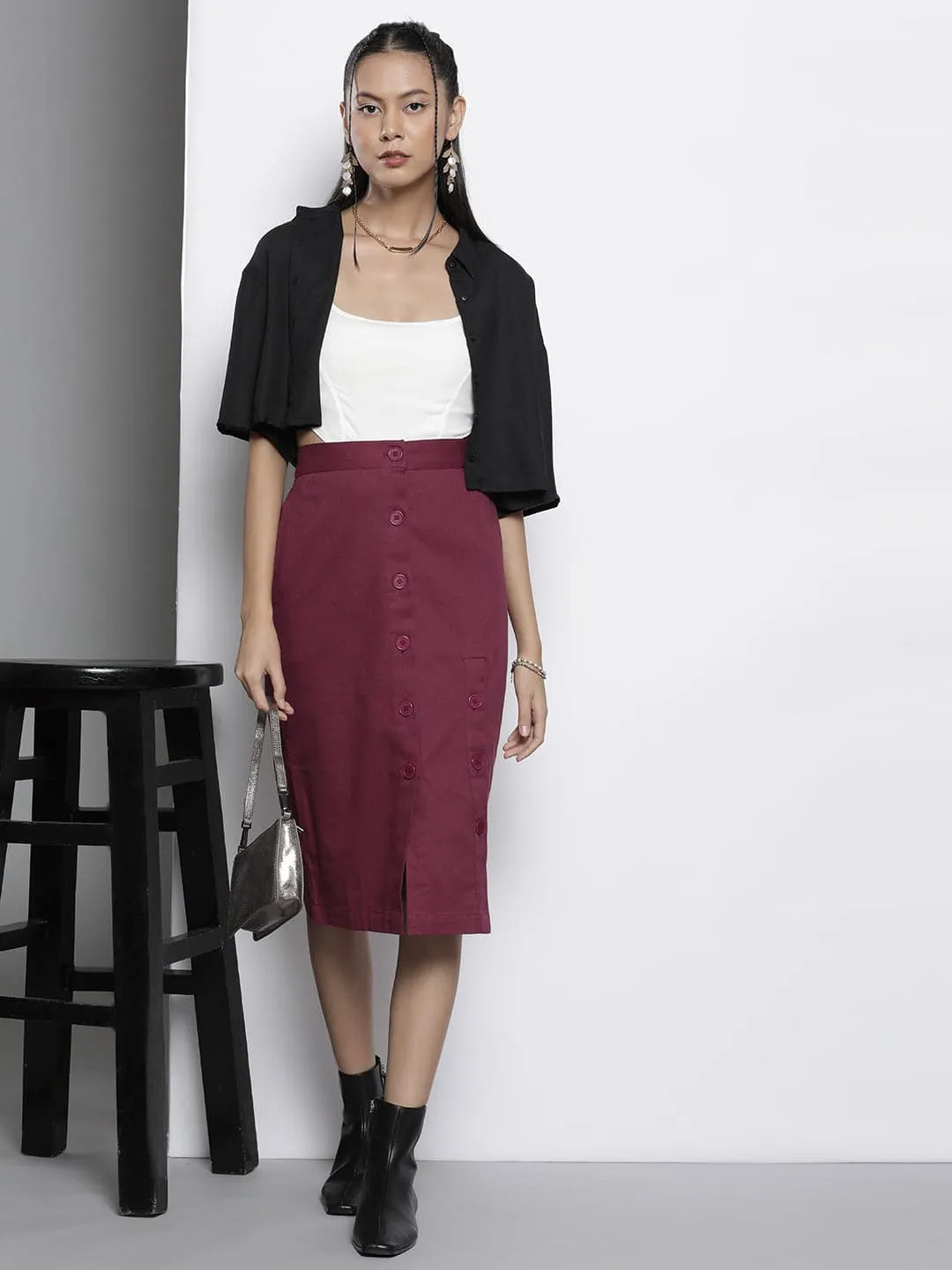 Women Burgundy Twill Front Button Pencil Skirt