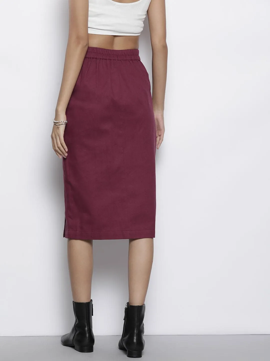 Women Burgundy Twill Front Button Pencil Skirt