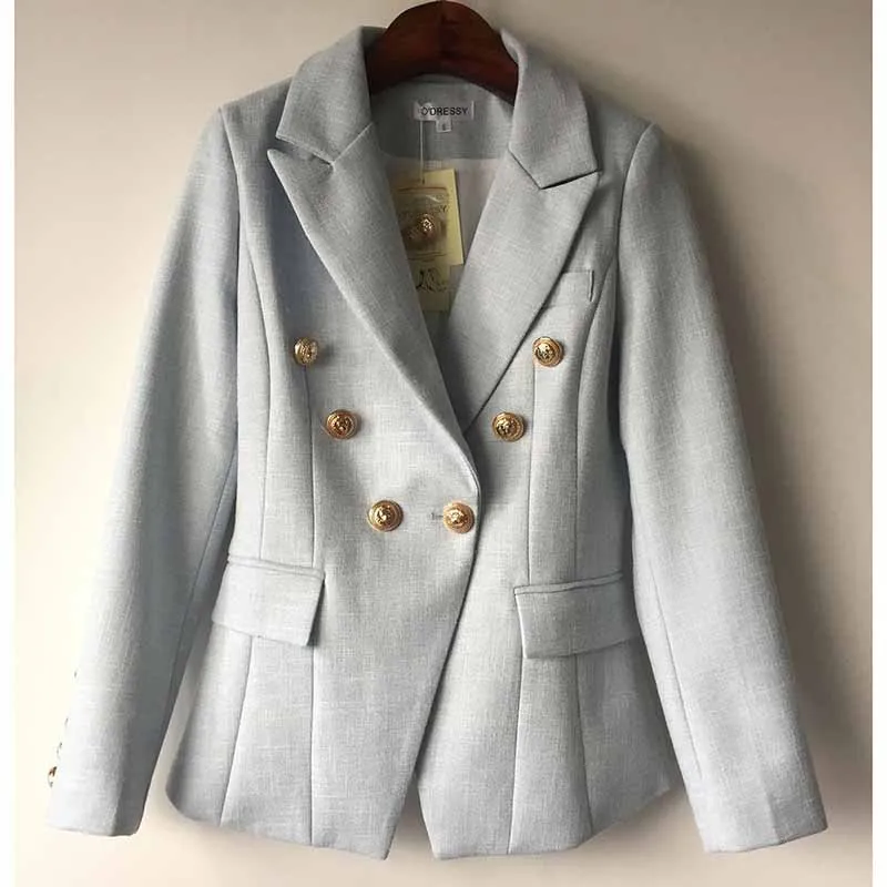 Women Sky Blue Double Breasted Blazer Gold Buttons Jacket