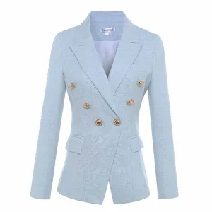 Women Sky Blue Double Breasted Blazer Gold Buttons Jacket