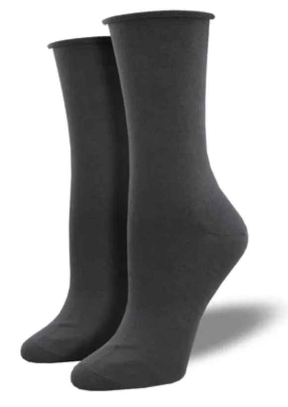 Women's Bamboo Solid Roll Top Crew Sock -Charcoal