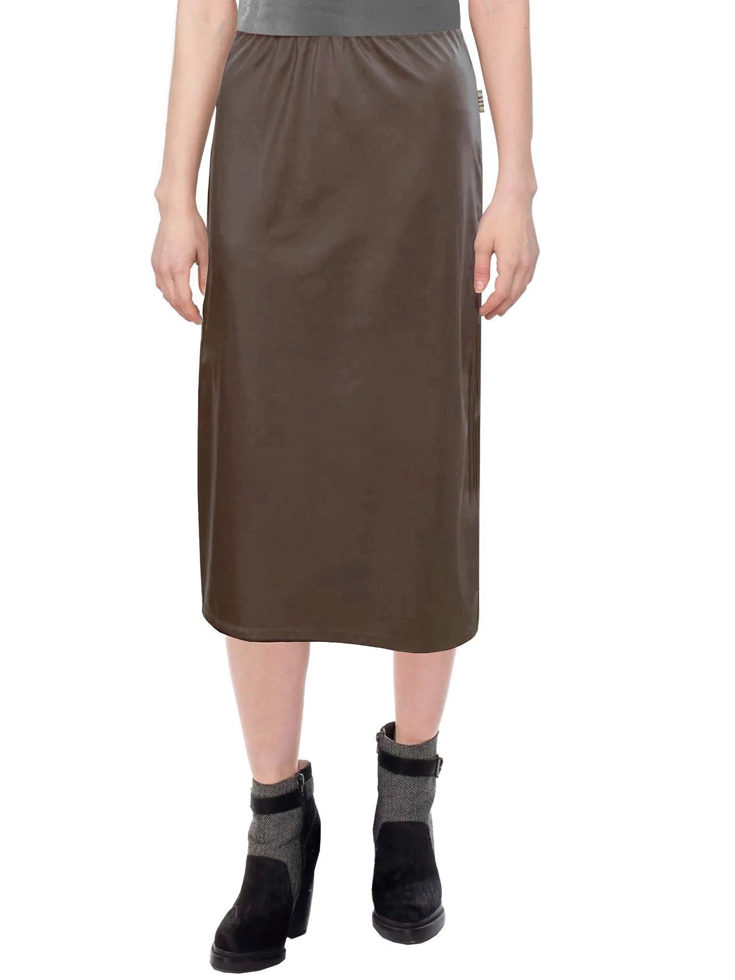 Women's Faux Leather Matte Finish Basic Modest 26" Below the Knee Length Stretch Knit Straight Skirt