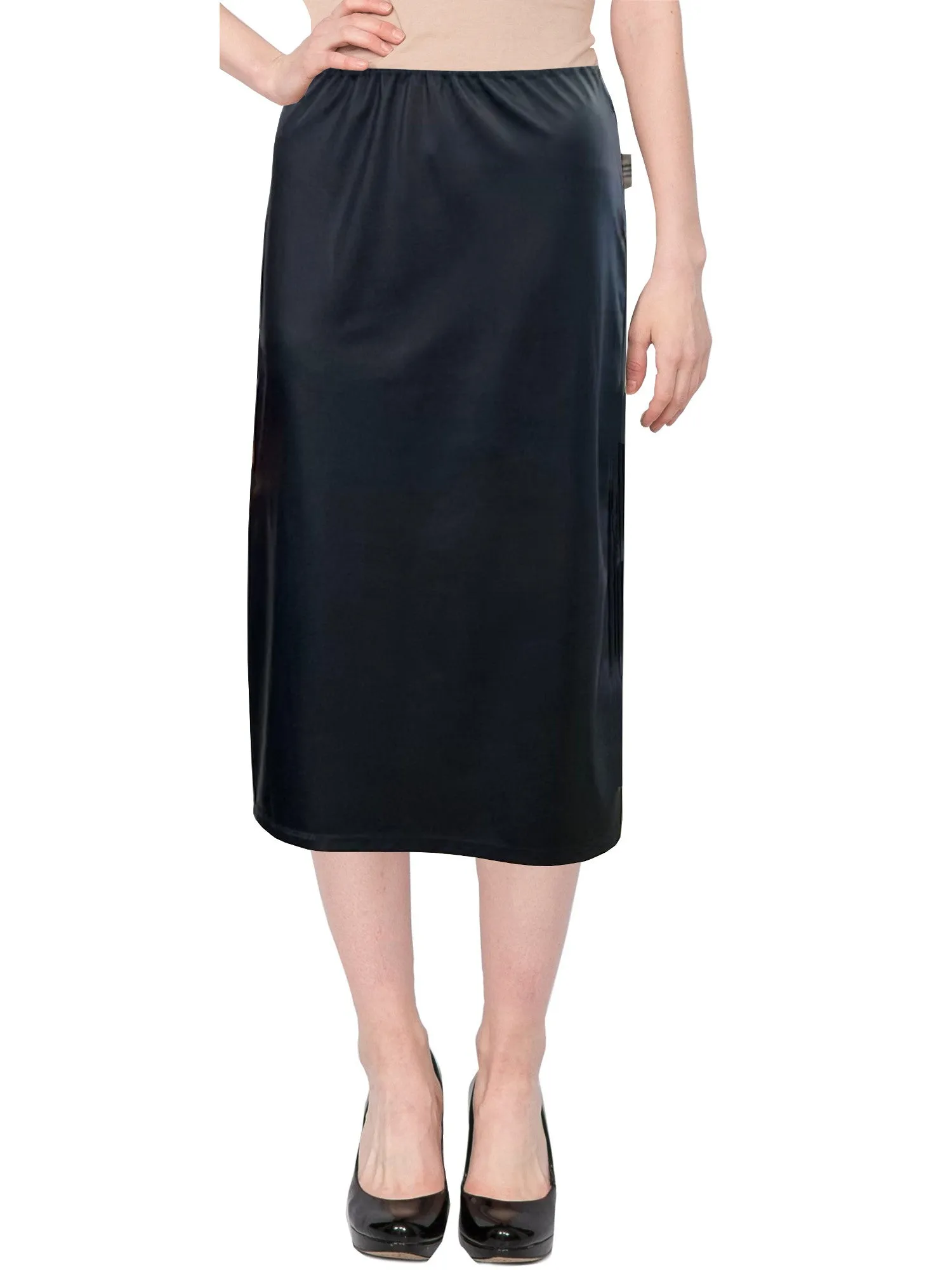 Women's Faux Leather Matte Finish Basic Modest 26" Below the Knee Length Stretch Knit Straight Skirt