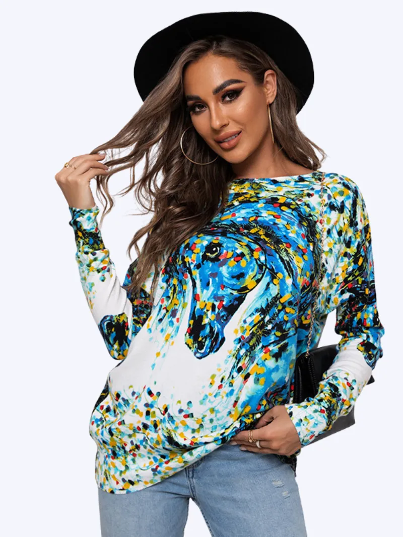 Women's Large Size Loose Printed Pullover Knit Cross-border Round Neck Casual Top Dress