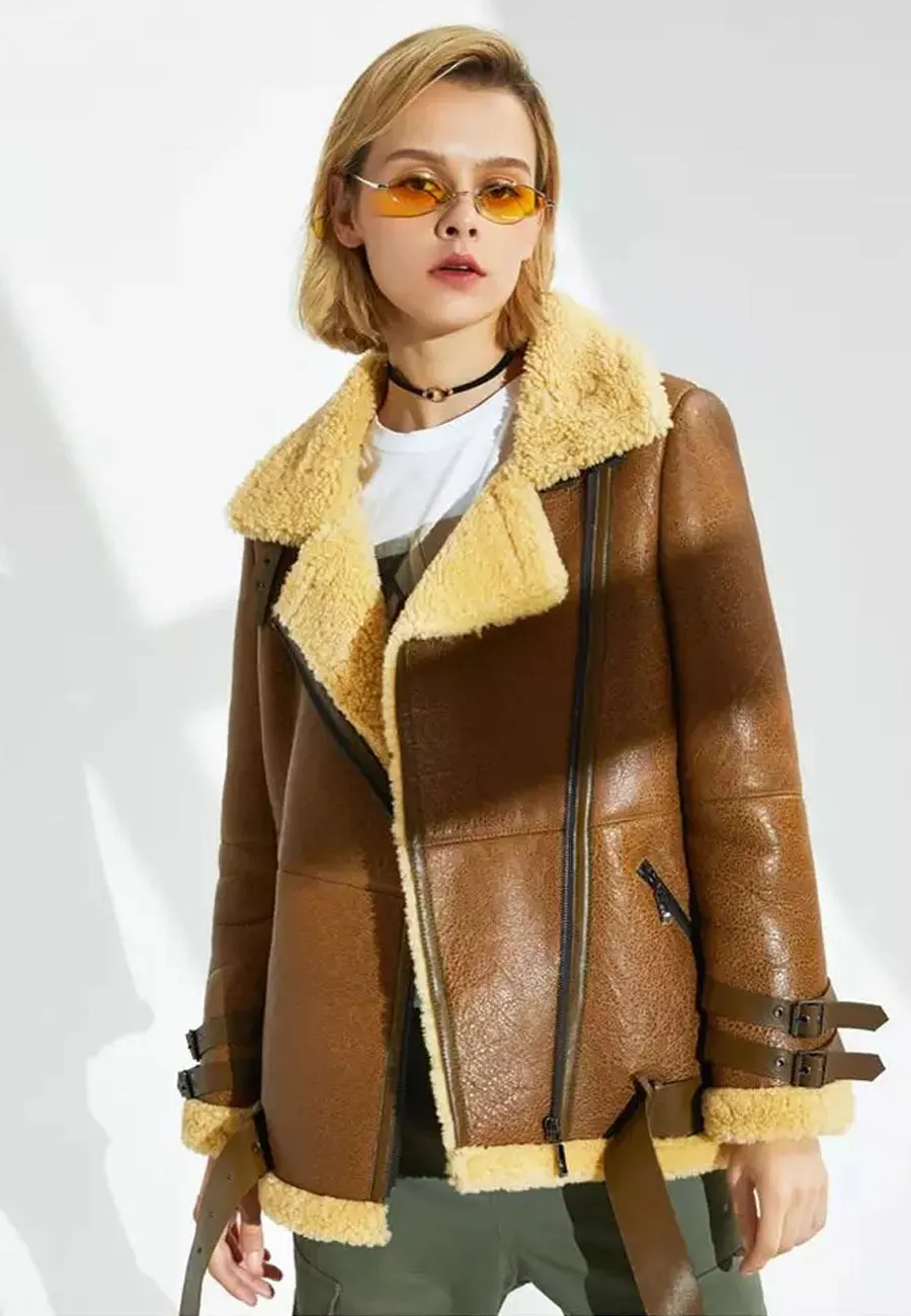 Women’s Tan Brown Leather Shearling Long Coat